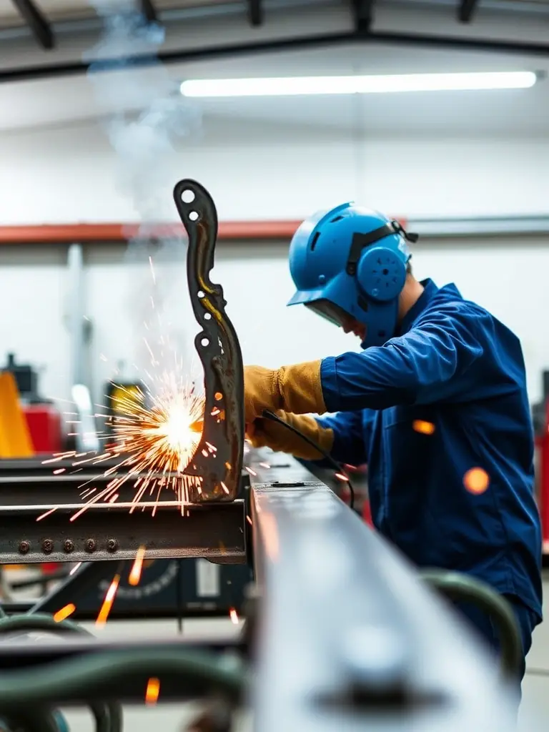 A close-up shot of a technician expertly welding a section of a semi-trailer frame in a well-lit repair shop, sparks flying, showcasing structural repair services.
